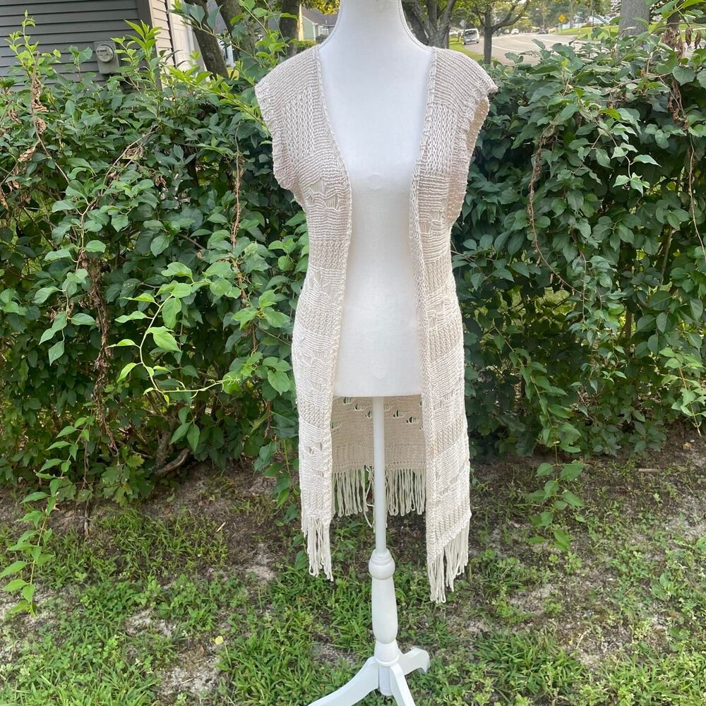 Y2K Cream crochet cardigan with fringe and lace-like openwork design ,coastal